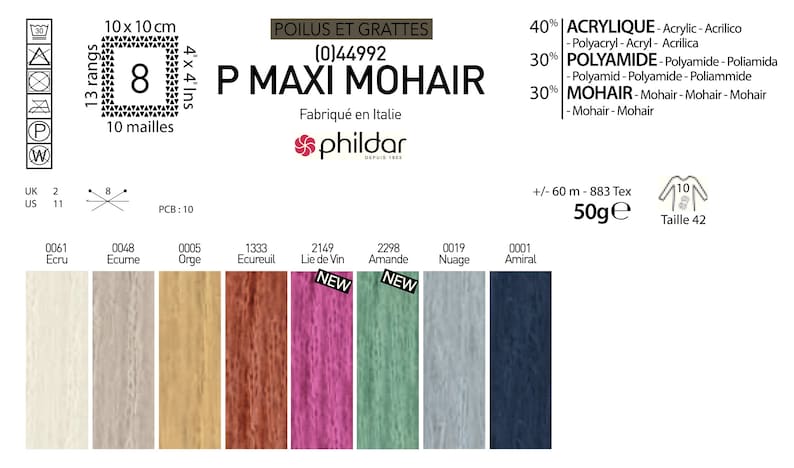 May include: P Maxi Mohair yarn in various colors, including cream, beige, gold, and pink. The label shows the yarn composition, weight (50g), and knitting gauge. Made in Italy.