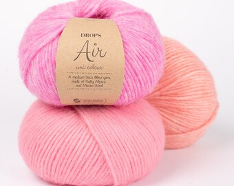 DROPS Air, Knitting yarn, Aran yarn, Worsted yarn, Drops yarn, 50 g 150 m, Baby Alpaca yarn, Merino wool, Yarn for sweaters, 45 colors