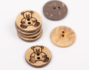 Wooden buttons with bear print - Natural buttons coconut - Buttons for baby clothes - Buttons 15 mm | Quantity and price per 1 piece