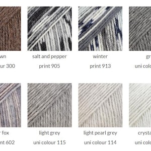 May include: A collection of eight yarn skeins in various shades of brown, grey, and white. The colors include brown uni colour 300, salt and pepper print 905, winter print 913, grey uni colour 200, silver fox long print 602, light grey uni colour 115, light pearl grey uni colour 114, and crystal grey uni colour 125.