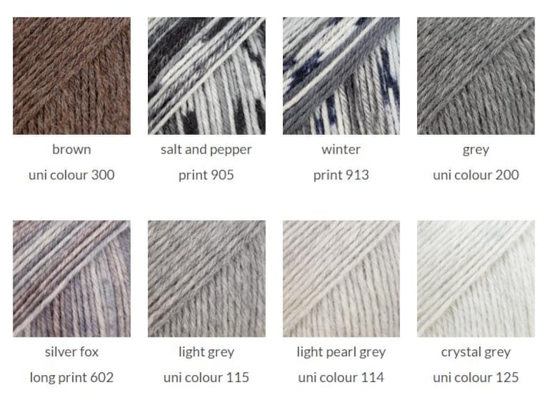 May include: A collection of eight yarn skeins in various shades of brown, grey, and white. The colors include brown uni colour 300, salt and pepper print 905, winter print 913, grey uni colour 200, silver fox long print 602, light grey uni colour 115, light pearl grey uni colour 114, and crystal grey uni colour 125.