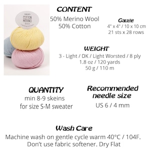 Puede incluir: Tres ovillos de lana Drops Cotton Merino en amarillo pastel, rosa y azul. Contenido: 50% lana merino, 50% algod&oacute;n. Muestra: 10 x 10 cm / 21 p x 28 v. Peso: 50 g / 110 m. Tama&ntilde;o de aguja recomendado: 4 mm. Lavado: 40&deg;C.