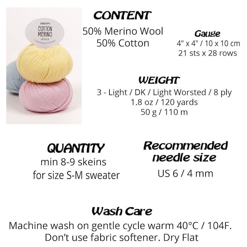 Puede incluir: Tres ovillos de lana Drops Cotton Merino en amarillo pastel, rosa y azul. Contenido: 50% lana merino, 50% algod&oacute;n. Muestra: 10 x 10 cm / 21 p x 28 v. Peso: 50 g / 110 m. Tama&ntilde;o de aguja recomendado: 4 mm. Lavado: 40&deg;C.