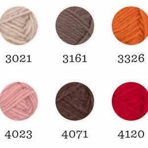 May include: A color chart featuring ten circular yarn samples in shades of gray, beige, brown, orange, pink, and red. Each sample is labeled with a numerical code: 2650, 3021, 3161, 3326, 3511, 3880, 4023, 4071, 4120, and 4219, arranged in two rows.
