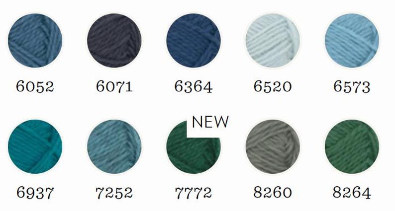 May include: A color chart featuring ten circular yarn samples in shades of blue, teal, green, and gray. Each sample is labeled with a numerical code: 6052, 6071, 6364, 6520, 6573, 6937, 7252, 7772, 8260, and 8264. The sample labeled 7772 includes a white tag with the text NEW.