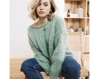 Chunky mohair sweater knitting pattern for beginner - Sweater Lana by Phildar - Sizes XS to XL - Oversized sweater, Easy knitting sweater