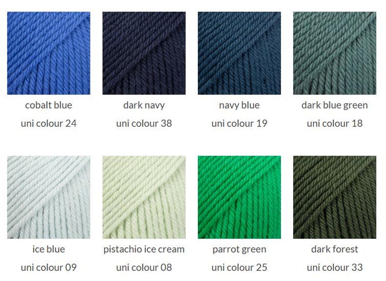 May include: A grid of eight yarn samples in various colors including cobalt blue, dark navy, navy blue, dark blue green, ice blue, pistachio ice cream, parrot green, and dark forest. Each sample is labeled with its color name and uni colour number.