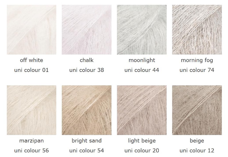 May include: A collection of eight skeins of yarn in various neutral colors. The colors include off-white, chalk, moonlight, morning fog, marzipan, bright sand, light beige, and beige. Each skein is labeled with its color name and a corresponding uni color number.