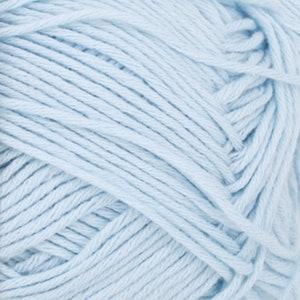 May include: Close-up of a ball of light blue yarn. The yarn is tightly wound, showing individual strands with a textured appearance. The color is a soft, pastel blue, suitable for knitting or crocheting projects.