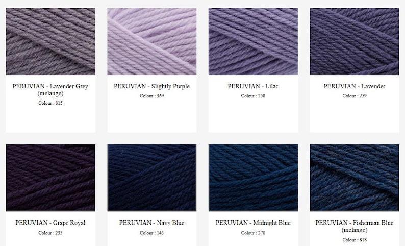 Op de afbeelding: Een raster van acht strengen garen in verschillende tinten blauw en paars. Elk gedeelte toont de tekst PERUVIAN gevolgd door de kleurnaam en het nummer, waaronder Lavender Grey, Slightly Purple, Lilac, Lavender, Grape Royal, Navy Blue, Midnight Blue en Fisherman Blue.