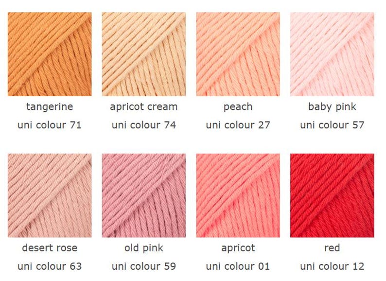 K&ouml;nnte beinhalten: Acht Garnproben in verschiedenen Farben, darunter Tangerine, Aprikosencreme, Pfirsich, Babyrosa, W&uuml;stenrose, Altrosa, Aprikose und Rot. Jede Probe ist mit ihrem Farbnamen und einer Uni-Farbnummer versehen.