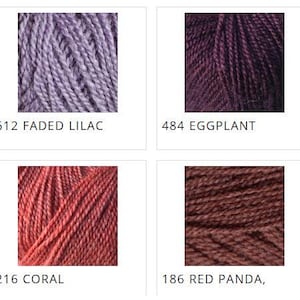 May include: A selection of eight skeins of yarn in various colors. The colors include purple heather, faded lilac, eggplant, candy, raspberry, coral, red panda, and brandy. Each skein has a corresponding number and color name.