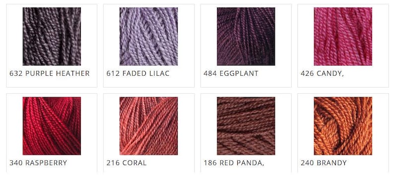 May include: A selection of eight skeins of yarn in various colors. The colors include purple heather, faded lilac, eggplant, candy, raspberry, coral, red panda, and brandy. Each skein has a corresponding number and color name.
