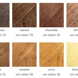 May include: A color palette of eight yarn samples, each in a different shade of brown, tan, and yellow. The colors are labeled: dark brown, walnut, chocolate, almond, toffee, caramel, curry, and lemonade. Each sample has a corresponding uni color number.