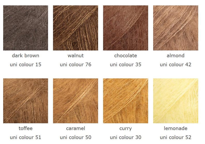 May include: A color palette of eight yarn samples, each in a different shade of brown, tan, and yellow. The colors are labeled: dark brown, walnut, chocolate, almond, toffee, caramel, curry, and lemonade. Each sample has a corresponding uni color number.