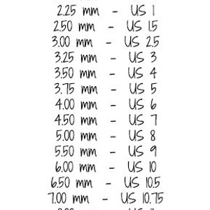 May include: Knitting needle size chart showing the corresponding US size for each needle size in millimetres. The chart ranges from 2.00 mm to 10.00 mm.