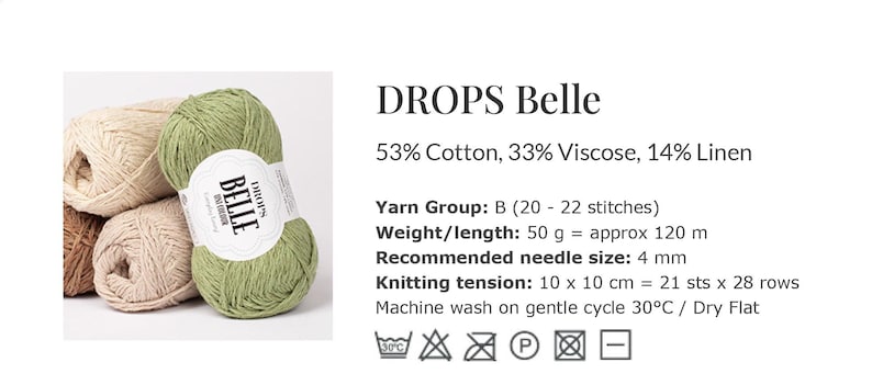 May include: A collection of yarn balls in various neutral colors, with a prominent green ball in the foreground. The label reads "DROPS Belle" and lists the fiber content. The yarn is suitable for knitting, with a recommended needle size of 4 mm.