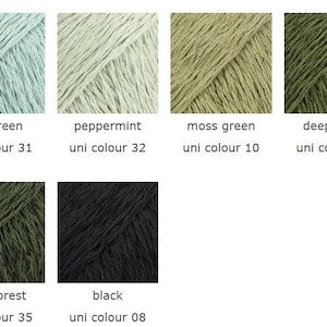 May include: A collection of yarn samples in various colors, including sea green, peppermint, moss green, deep moss, dark forest, and black. Each sample is labeled with its color name and uni color number.