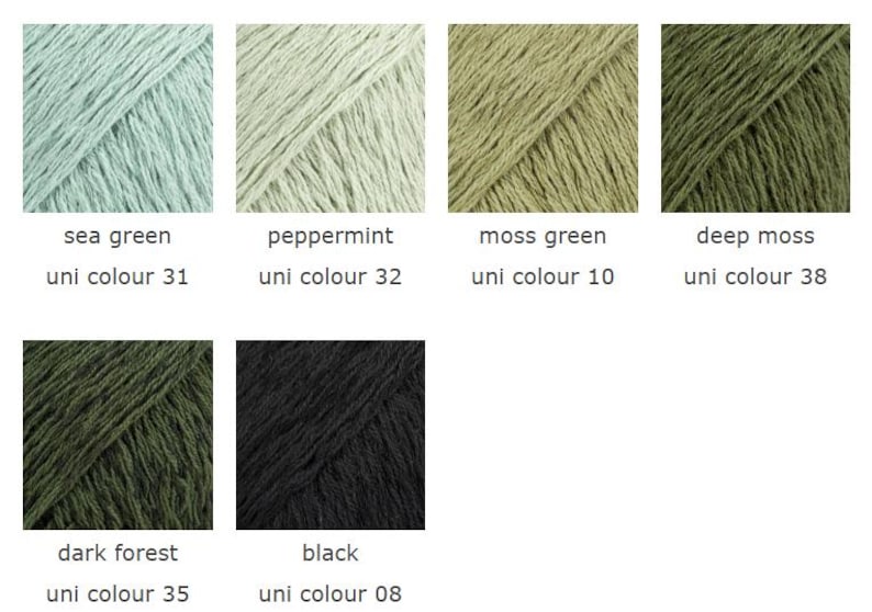May include: A collection of yarn samples in various colors, including sea green, peppermint, moss green, deep moss, dark forest, and black. Each sample is labeled with its color name and uni color number.