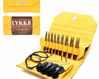 Lykke UMBER 3.5 inch Interchangeable knitting wooden needles set in a DANDELION fabric case - Size US3 - US10.5 (Size 3.25 mm - 6.5 mm)