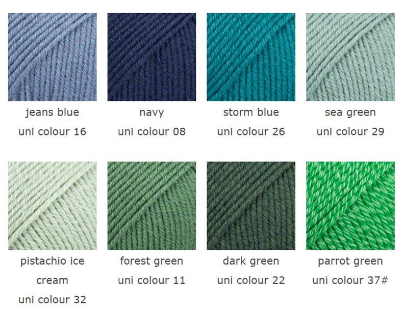 Puede incluir: Una cuadr&iacute;cula de ocho muestras de hilo en varios tonos de azul y verde. Los colores incluyen jeans blue 16, navy 08, storm blue 26, sea green 29, pistachio ice cream 32, forest green 11, dark green 22 y parrot green 37, etiquetados por nombre.
