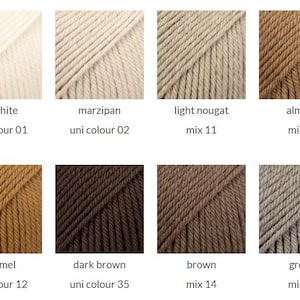 May include: A grid of eight yarn samples in neutral tones. Colors include off white uni colour 01, marzipan uni colour 02, light nougat mix 11, almond mix 13, caramel uni colour 12, dark brown uni colour 35, brown mix 14, and greige mix 28.