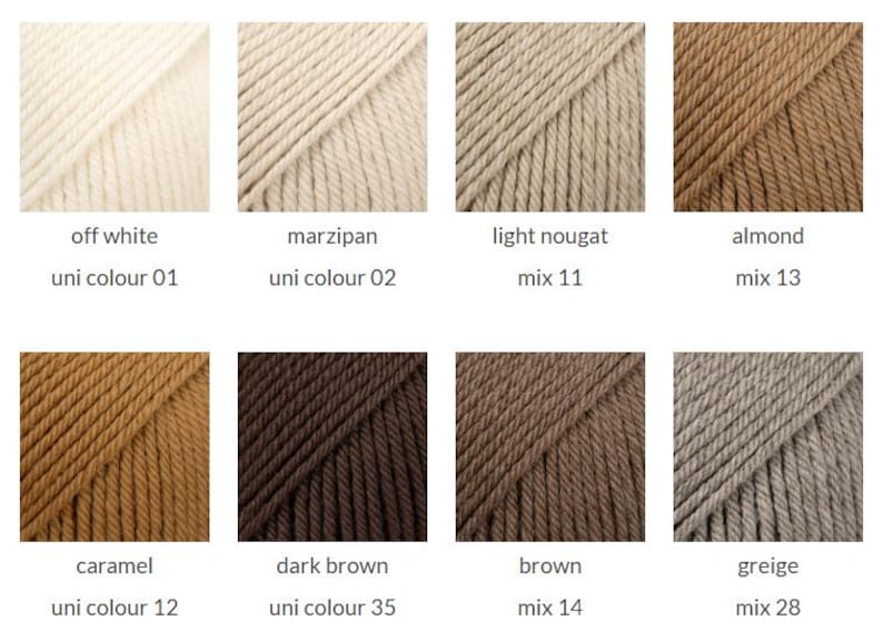 May include: A grid of eight yarn samples in neutral tones. Colors include off white uni colour 01, marzipan uni colour 02, light nougat mix 11, almond mix 13, caramel uni colour 12, dark brown uni colour 35, brown mix 14, and greige mix 28.