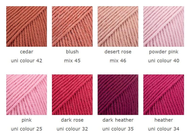 May include: A collection of eight yarn skeins in various colors, including cedar, blush, desert rose, powder pink, pink, dark rose, dark heather, and heather. Each skein is labeled with its color name and a unique identifier.