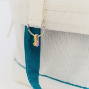 Puede incluir: Primer plano de un bolso tote blanco con detalles turquesa y un anillo de metal plateado. El bolso tiene un patr&oacute;n de cuadr&iacute;cula y un ribete turquesa. Al anillo est&aacute;n unidos dos peque&ntilde;os amuletos de pl&aacute;stico de colores amarillo y rosa.