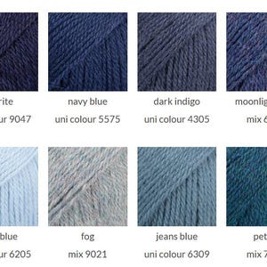 May include: A grid of eight yarn samples in various blue shades, labeled with names and numbers: azurite 9047, navy blue 5575, dark indigo 4305, moonlight blue 6360, light blue 6205, fog 9021, jeans blue 6309, and petrol 7240, showing textures.