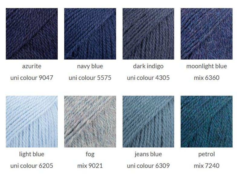 May include: A grid of eight yarn samples in various blue shades, labeled with names and numbers: azurite 9047, navy blue 5575, dark indigo 4305, moonlight blue 6360, light blue 6205, fog 9021, jeans blue 6309, and petrol 7240, showing textures.