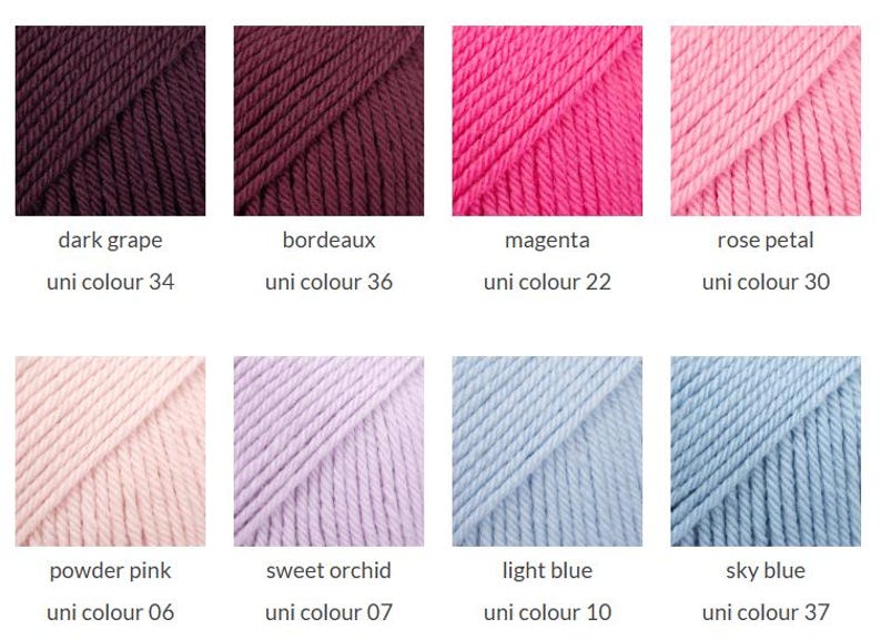 May include: A grid of eight yarn color samples labeled dark grape uni colour 34, bordeaux uni colour 36, magenta uni colour 22, rose petal uni colour 30, powder pink uni colour 06, sweet orchid uni colour 07, light blue uni colour 10, and sky blue uni colour 37.