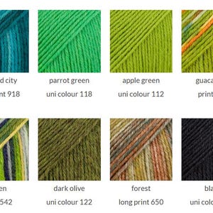 May include: A grid of eight yarn skeins in various colors and textures. The colors include emerald city long print 918, parrot green uni colour 118, apple green uni colour 112, guacamole print 151, green print 542, dark olive uni colour 122, forest long print 650, and black uni colour 400.