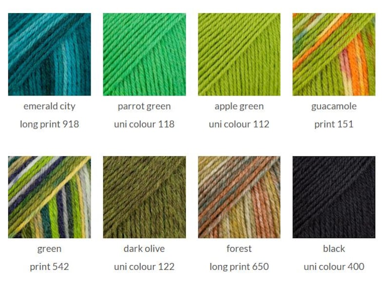 May include: A grid of eight yarn skeins in various colors and textures. The colors include emerald city long print 918, parrot green uni colour 118, apple green uni colour 112, guacamole print 151, green print 542, dark olive uni colour 122, forest long print 650, and black uni colour 400.