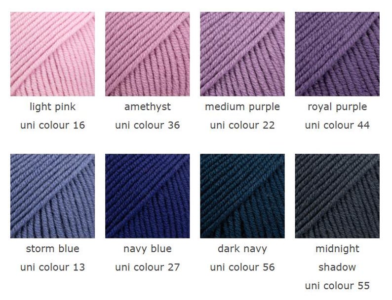 May include: A collection of eight skeins of yarn in various colors, including light pink, amethyst, medium purple, royal purple, storm blue, navy blue, dark navy, and midnight shadow. Each skein is labeled with its color name and a uni color number.