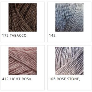 May include: A collection of eight yarn samples in various colors. The colors include golden, tobacco, light cream, coffee cream, light rosa, rose stone, and heather rose. Each sample has a corresponding number.