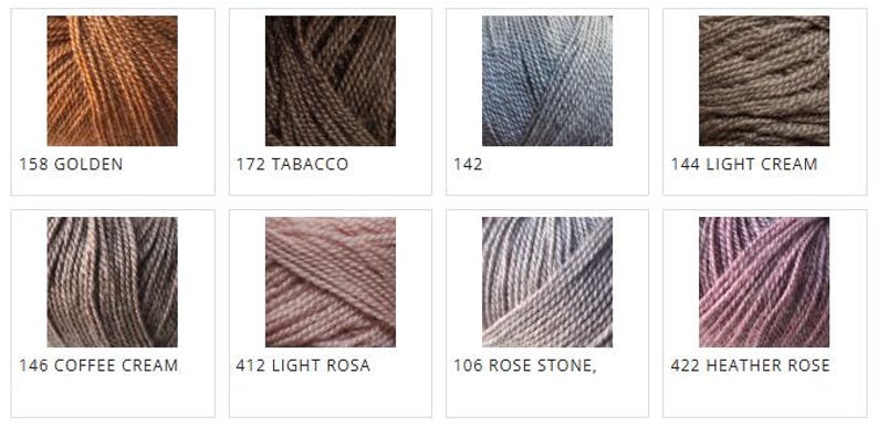 May include: A collection of eight yarn samples in various colors. The colors include golden, tobacco, light cream, coffee cream, light rosa, rose stone, and heather rose. Each sample has a corresponding number.