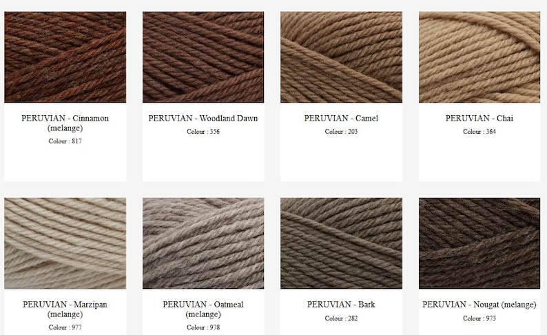 Op de afbeelding: Een raster van acht garenmonsters in diverse bruine en neutrale tinten. Elk vierkant toont een getextureerde streng garen met het label PERUVIAN en een specifieke kleurnaam zoals Cinnamon, Woodland Dawn, Camel, Chai, Marzipan, Oatmeal, Bark of Nougat.