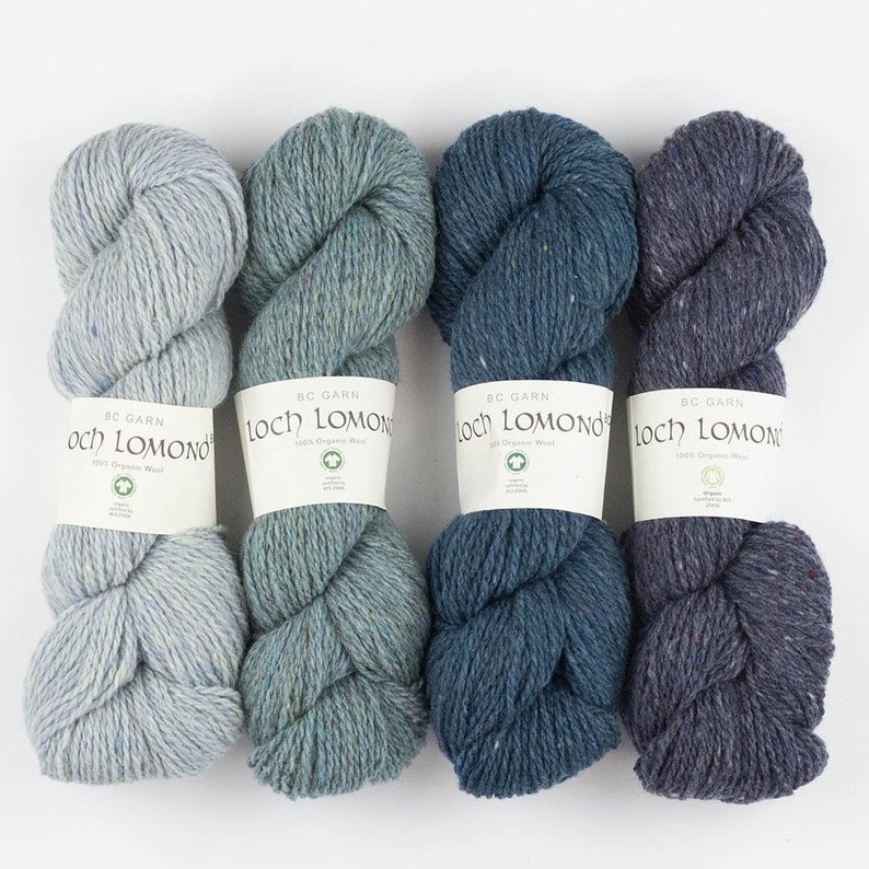 May include: Four skeins of Loch Lomond yarn in shades of blue, teal, and gray. Each skein is labeled with 'BC Garn' and 'Loch Lomond' in white text on a white label with a green leaf logo. The yarn is 100% organic wool.