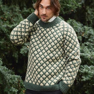 May include: A knitted sweater in green and cream with a repeating leaf pattern. The sweater has a crew neck and long sleeves. The cuffs, neckline, and hem are a solid green. The person in the image is wearing a white collared shirt underneath.