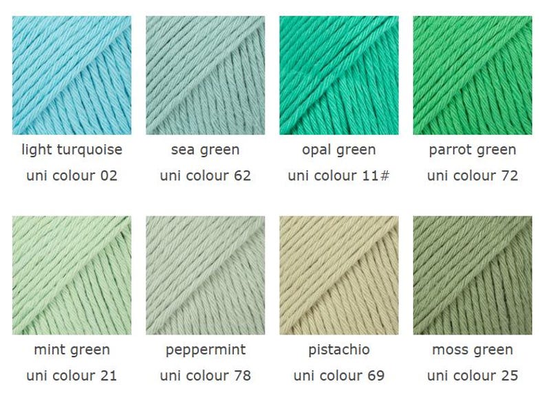 K&ouml;nnte beinhalten: Eine Farbpalette mit acht Garnproben in verschiedenen Gr&uuml;n- und Blaut&ouml;nen. Die Farben sind beschriftet: hellt&uuml;rkis, seegr&uuml;n, opalgr&uuml;n, papageigr&uuml;n, mintgr&uuml;n, pfefferminz, pistazie und moosgr&uuml;n. Jede Probe hat eine entsprechende Uni-Farbnummer.