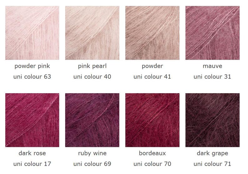 May include: A color palette of eight skeins of yarn in various shades of pink, mauve, and burgundy. Each skein is labeled with a color name and a unique number. Colors include powder pink, pink pearl, powder, mauve, dark rose, ruby wine, bordeaux, and dark grape.