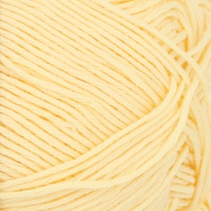 May include: Close-up of a skein of pale yellow yarn. The yarn is tightly wound, showing individual strands. The color is a soft, creamy yellow, ideal for knitting or crocheting projects. The texture appears soft and inviting.