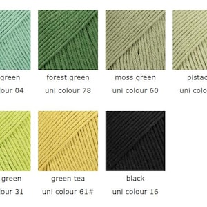 May include: A color palette of yarn samples in shades of green, including sage, forest, moss, pistachio, apple, and green tea, along with a black swatch. Each color is labeled with its name and a corresponding uni color number.