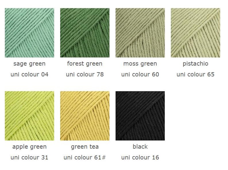 May include: A color palette of yarn samples in shades of green, including sage, forest, moss, pistachio, apple, and green tea, along with a black swatch. Each color is labeled with its name and a corresponding uni color number.