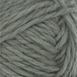 May include: A close-up view of a skein of thick, sage green yarn. The fibers are twisted into a multi-ply strand with a soft, slightly fuzzy texture. The yarn is wound tightly, showing the consistent color and the detailed structure of the plies.