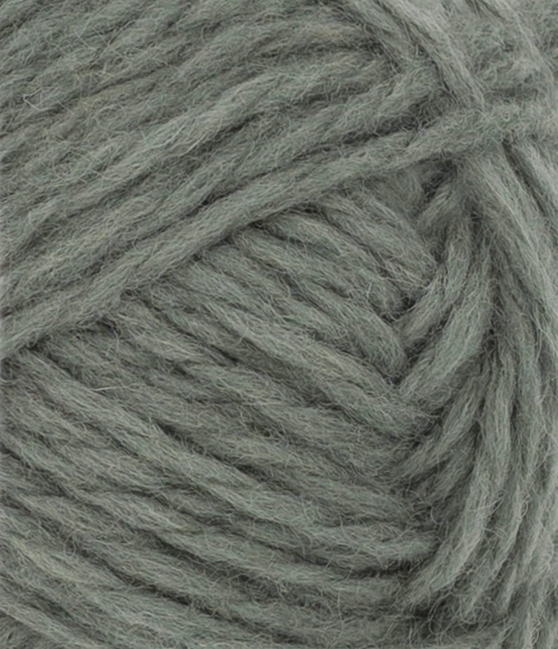 May include: A close-up view of a skein of thick, sage green yarn. The fibers are twisted into a multi-ply strand with a soft, slightly fuzzy texture. The yarn is wound tightly, showing the consistent color and the detailed structure of the plies.