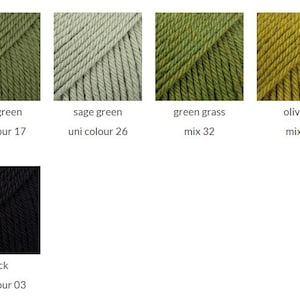 May include: Five skeins of yarn in distinct colors: moss green uni colour 17, sage green uni colour 26, green grass mix 32, olive oil mix 31, and black uni colour 03. Each square shows the textured, twisted fiber structure of the yarn.