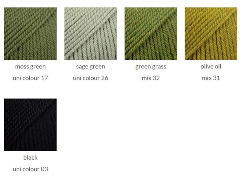 May include: Five skeins of yarn in distinct colors: moss green uni colour 17, sage green uni colour 26, green grass mix 32, olive oil mix 31, and black uni colour 03. Each square shows the textured, twisted fiber structure of the yarn.