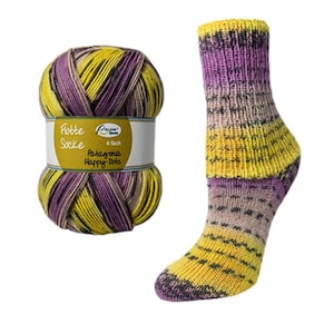 May include: A skein of yellow, purple and grey yarn with the text "Patagonia Happy Dots" on the label. A pair of yellow, purple and grey striped socks are shown.